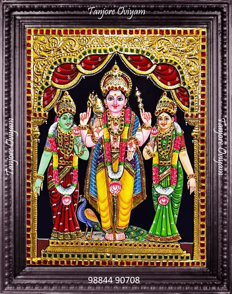Murugar Valli Deivanai Tanjore painting Murugan with consorts gold foil traditional artwork